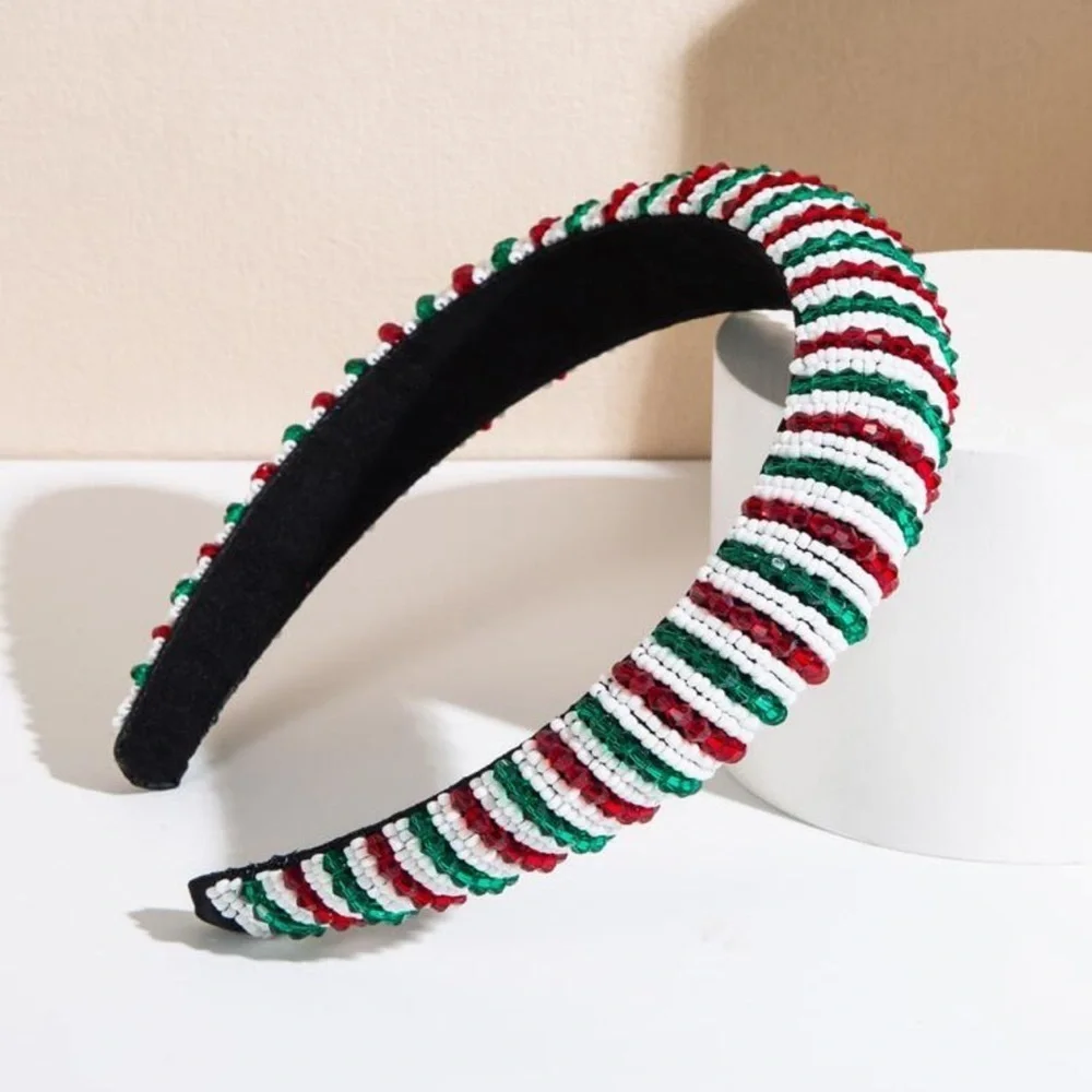 Beaded Christmas Headband, Red and Green, Holiday Headband, Brand New